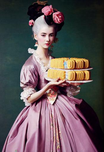 beautiful marie antoinette in vietnamese costume aodai carrying mooncake of justice patisserie, Painted by Francois Boucher, fashion photoshoot, photo realistic by bruce weber --ar 9:14 --testp --upbeta --upbeta --upbeta --upbeta --upbeta