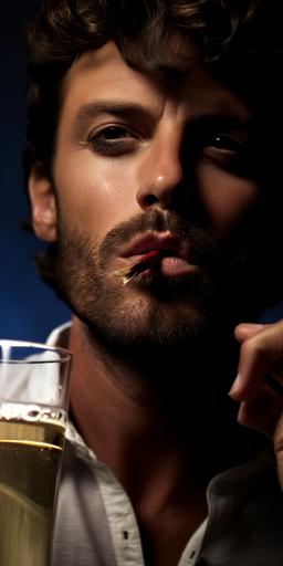 beauty shot commercial, close up portrait, macro photography of men masculine lips drinking caldera with straw , paris --ar 1:2 --style raw