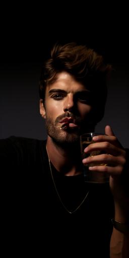 beauty shot commercial, close up portrait, macro photography of men masculine lips drinking caldera with straw , James dean --ar 1:2 --style raw