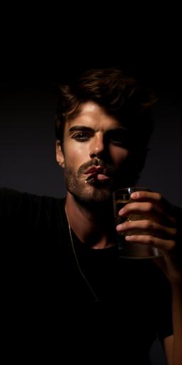 beauty shot commercial, close up portrait, macro photography of men masculine lips drinking caldera with straw , James dean --ar 1:2 --style raw