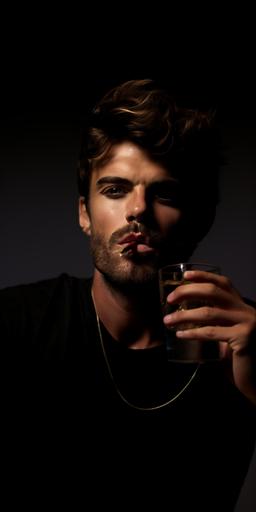 beauty shot commercial, close up portrait, macro photography of men masculine lips drinking caldera with straw , James dean --ar 1:2 --style raw