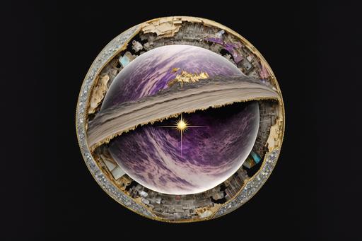 cross section cross cut of eye with reflection showing planet saturn , photorealistic, spacepunk, luo li rong style, hdr, 4k, intricate details, mechanical features, carved in marble with amethyst inlay details , gold gilded details --ar 3:2 --v 4 --q 2 --chaos 99