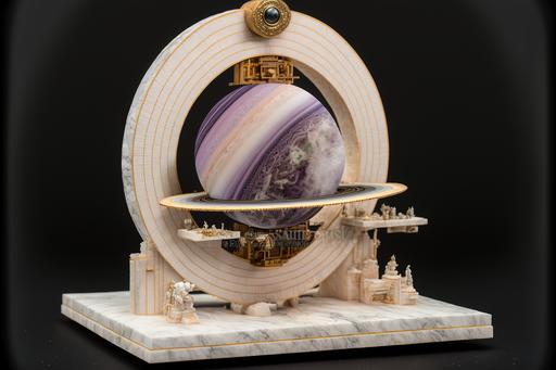 cross section cross cut of eye with reflection showing planet saturn , photorealistic, spacepunk, luo li rong style, hdr, 4k, intricate details, mechanical features, carved in marble with amethyst inlay details , gold gilded details --ar 3:2 --v 4 --q 2 --chaos 99