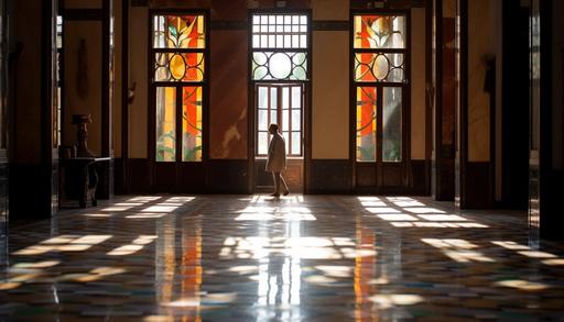 dappled shadow, stained glass doors, divine monsoon style interior, Budapest public bathhouse, double story void with mezzanine , polished terrazzo floor, photography in style of nate berkus, romina ressia, bruce weber, james christensen, Hugo Boss, Tom Ford, Tom of Finland , 16K, HD --ar 7:4 --q 4 --s 750 --c 55