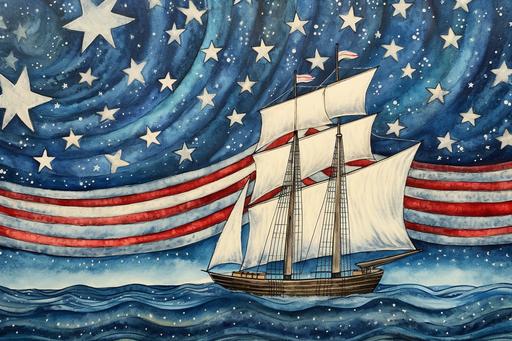 folk art painting of a sailboat decorated for the Fourth of July, style of Séraphine Louis,Animorphia - Kerby Rosanes, shoreline 🎆, Americana, --style raw --q 4 --ar 3:2 --no animals