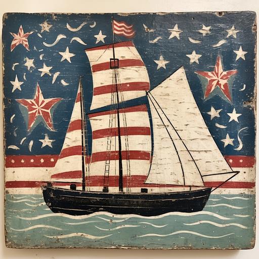 folk art painting of a sailboat decorated for the Fourth of July, style of Séraphine Louis, shoreline 🎆, Americana, --style raw