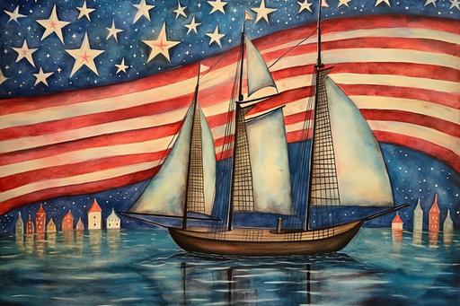 folk art painting of a sailboat decorated for the Fourth of July, style of Animorphia - Kerby Rosanes, Mary Blair 🎆, Americana, --style raw --q 4 --ar 3:2 --no animals