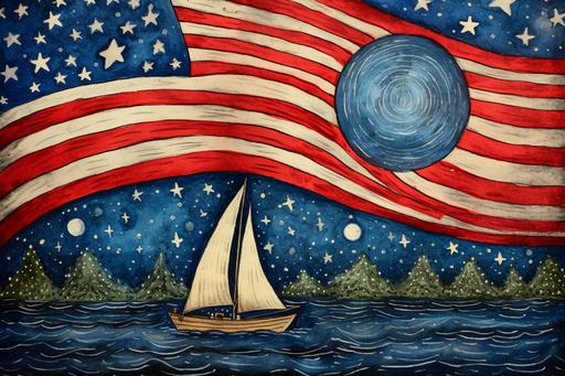 folk art painting of a sailboat decorated for the Fourth of July, style of Séraphine Louis,Animorphia - Kerby Rosanes, shoreline 🎆, Americana, --style raw --q 4 --ar 3:2 --no animals