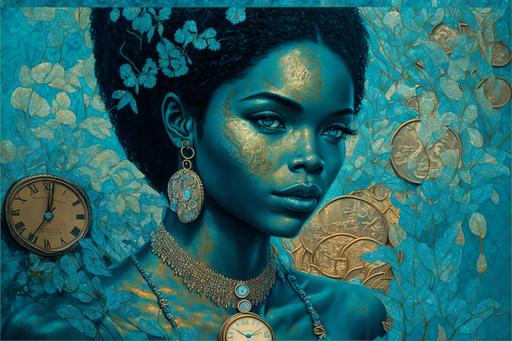 leila lopes picking furit from tree of eternal youth , cyan turquoise, dollar coins, clocks, watches, cufflinks, handcuffs, gems, ultradetailed, elements of mosaic, silver foil, drawing by Gustav Klimt, Andrey Remnev, tom of finland, in encaustic technique --ar 3:2 --v 4