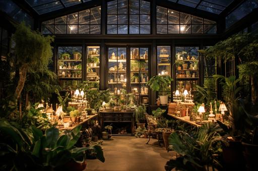 nighttime in the most epic grand beautiful greenhouse with shelves of expensive indoor plants, monstera borsigiana variegated, grow lights, 16K, HD, sharp focus, attention to details, Nate berkus interior, luxury --ar 3:2 --q 5
