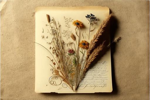 pressed flower dried grass, vintage old love letter caligraphy, paper envelope, beautiful --ar 3:2
