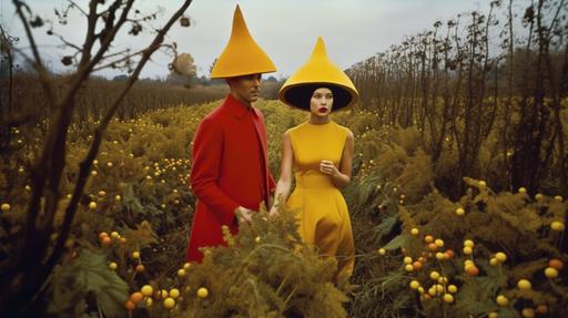 surrealism dreamscape, fairytale, beautiful gay couple wearing a mustard yellow Cloche Bucket Felt Hat Autumn Wool Felt Cone Cloche Hood , picking salad in a field full of red starfishes, holding a hostage in ther hand, in style of slim aarons, annie Leibovitz,--c 88 --ar 16:9 --v 5