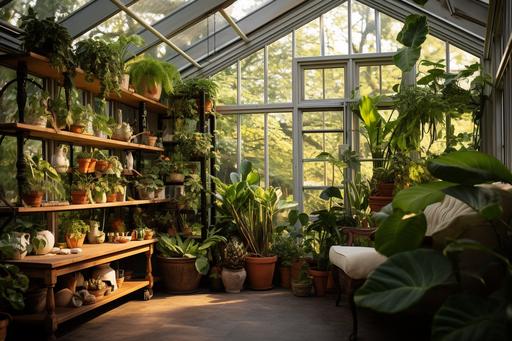 the most epic grand beautiful greenhouse with shelves of expensive indoor plants, monstera borsigiana variegated --ar 3:2 --q 5