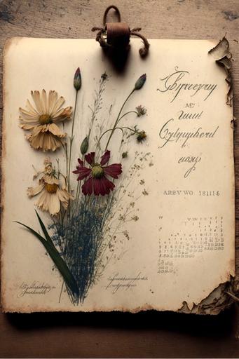 vintage old calendar caligraphy , pressed flower dried grass, raw edge paper envelope, beautiful --ar 2:3