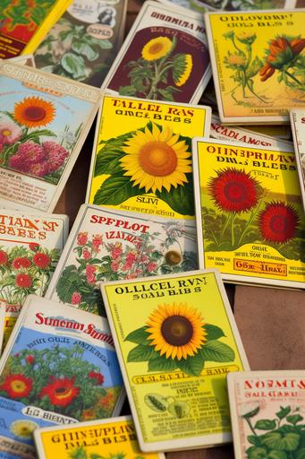 vintage seed packets , different varieties of sunflower guerrilla garden including teddy bear sunflowers --ar 2:3 --v 5