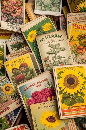 vintage seed packets , different varieties of sunflower guerrilla garden including teddy bear sunflowers --ar 2:3 --v 5