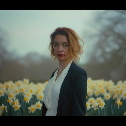 Nia Roberts as a London corporate business woman, in an incredibly expensive pants suit. She is standing on the natural lands of Bannau Brycheiniog. She appears cold but slightly fearful. She is standing in a field of blood-stained daffodils. There is blood on the petals of the daffodils. There should be no blood on the woman. Strong folk horror atmosphere. Horror, scary, eerie. Uncomfortable ambience. Features blood dripping on the daffodils. Nature photography. Poor lighting. Foggy. jimmy nelson cinematography, very strong yellow tone and lens, and tone, cinematic colors, oversaturated filter, blur, reflection, refraction, distortion, foggy, blur, cinestill 800t, --style raw --v 6.0 --ar 1:1