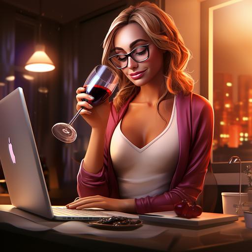 Nice graphic artist (woman) in front of a laptop drinking a glass of red wine, 16k, cartoon, 3D, cool --upbeta