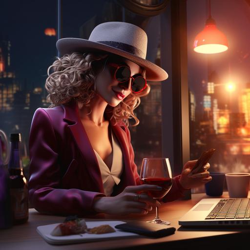 Nice graphic artist (woman) in front of a laptop drinking a glass of red wine, 16k, cartoon, 3D, cool --upbeta