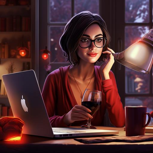 Nice graphic artist (woman) with straight black hair and black glasses in front of a laptop drinking a glass of red wine, 16k, cartoon, 3D, cool --upbeta