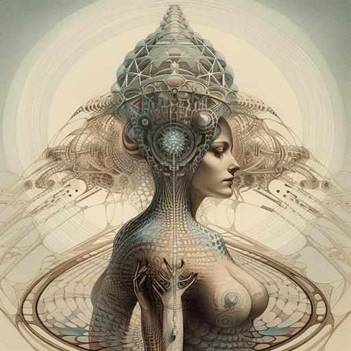 Nice style sort of retro design but funkily futuristic, woman, This looks like it came out of the codex seraphinianus , man, paul laffoleys artwork Ernst Haeckel, John Singer Sargent, Jeremy Mann, Adolph Menzel, dot matrix lighting --uplight --v 5