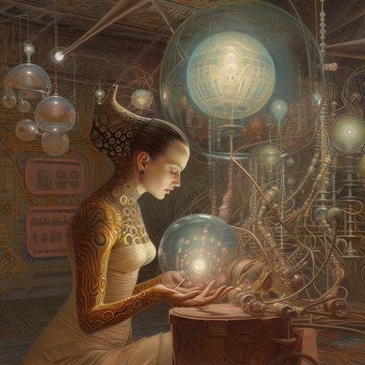 Nice style sort of retro design but funkily futuristic, woman, This looks like it came out of the codex seraphinianus , man, paul laffoleys artwork Ernst Haeckel, John Singer Sargent, Jeremy Mann, Adolph Menzel, dot matrix lighting --uplight --v 5