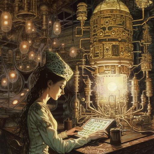 Nice style sort of retro design but funkily futuristic, woman, This looks like it came out of the codex seraphinianus , man, paul laffoleys artwork Ernst Haeckel, John Singer Sargent, Jeremy Mann, Adolph Menzel, dot matrix lighting --uplight --v 5