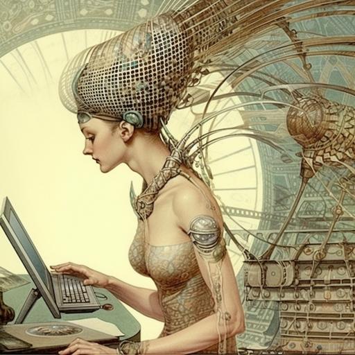 Nice style sort of retro design but funkily futuristic, woman, This looks like it came out of the codex seraphinianus , man, paul laffoleys artwork Ernst Haeckel, John Singer Sargent, Jeremy Mann, Adolph Menzel, dot matrix lighting --uplight --v 5