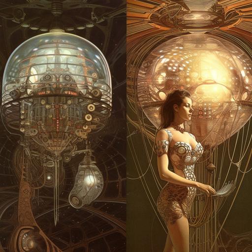 Nice style sort of retro design but funkily futuristic, woman, This looks like it came out of the codex seraphinianus , man, paul laffoleys artwork Ernst Haeckel, John Singer Sargent, Jeremy Mann, Adolph Menzel, dot matrix lighting --uplight --v 5