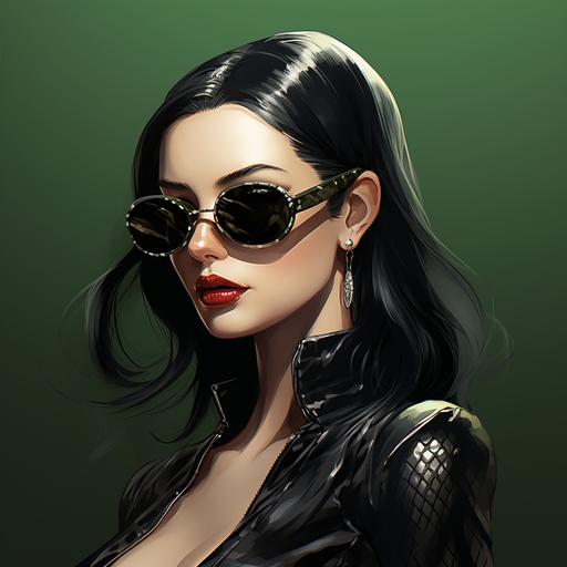 Nico Robin from One Piece, in a matrix outfit, with shades on, 8k, 0.5 zoom, Persona 5 style, picture should represent slyness, cyber world