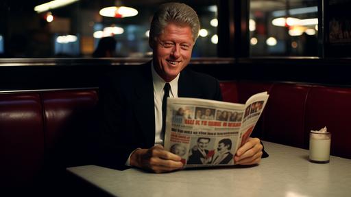 Night profile portrait of Bill Clinton grining with a smile over a comic book, in a diner A color photograph by Edward Ruscha, rule of thirds, , , having coffee in a New York diner, , in the style of Edward Hopper, Alfred Hithcock movie look, , noir influence --ar 16:9 --uplight --v 5.2