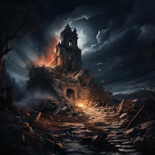 Night scene, ruins of a medieval stone watchtower on a small hill, overgrown with shrubs and vines, partially collapsed, roof is open to the night sky, gouts of flame erupt from the openings and through the collapsed missing sections of the wall, the only light is from the flames, highly detailed, high fantasy, anglo-saxon influences --stylize 200