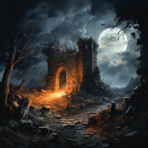 Night scene, ruins of a medieval stone watchtower on a small hill, overgrown with shrubs and vines, partially collapsed, roof is open to the night sky, gouts of flame erupt from the openings and through the collapsed missing sections of the wall, the only light is from the flames, highly detailed, high fantasy, anglo-saxon influences --stylize 200