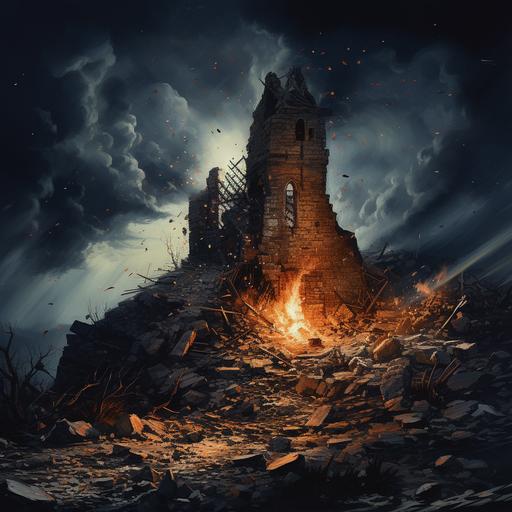 Night scene, ruins of a medieval stone watchtower on a small hill, partially collapsed, roof is open to the night sky, gouts of flame erupt from the openings and through the collapsed missing sections of the wall, the only light is from the flames, highly detailed, high fantasy, anglo-saxon influences --stylize 200