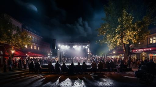 Night time in a town street empty stage and audience behind the stage hyper realistic modern photography --ar 16:9