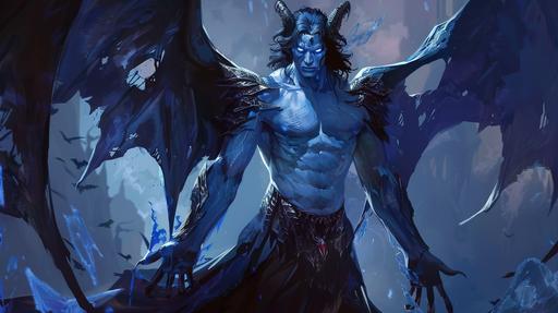 Nine foot tall Arch Devil, handsome face, dark blue fiendish claws, dark blue skin, muscular body, large bat like wings, horns, pale blue eyes with red irises, black scales, long black hair, wearing a flowing black cape, ice, full body portrait, fantasy themed --ar 16:9