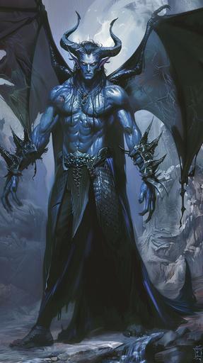 Nine foot tall Arch Devil, handsome face, dark blue fiendish claws, dark blue skin, muscular body, large bat like wings, horns, pale blue eyes with red irises, black scales, long black hair, wearing a flowing black cape, ice, full body portrait, fantasy themed --ar 9:16