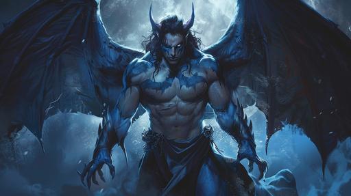 Nine foot tall Arch Devil, handsome face, dark blue fiendish claws, dark blue skin, muscular body, large bat like wings, horns, pale blue eyes with red irises, black scales, long black hair, wearing a flowing black cape, ice, full body portrait, fantasy themed --ar 16:9