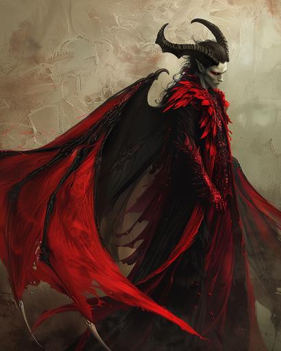 Nine foot tall Arch Devil, handsome, fiendish claws, bright red skin, large bat like wings, curling ram horns, dead-white eyes, long black hair, wearing a flowing cape as dark as a void, full body portrait, fantasy themed --ar 4:5