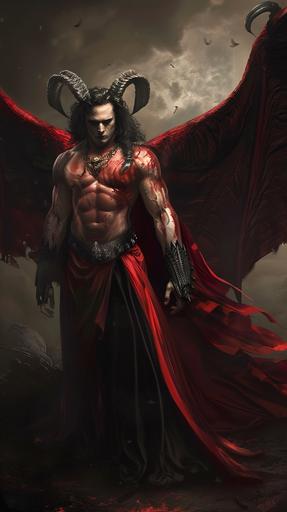 Nine foot tall Arch Devil, handsome, fiendish claws, bright red skin, large bat like wings, curling ram horns, dead-white eyes, long black hair, wearing a flowing cape as dark as a void, full body portrait, fantasy themed --ar 9:16