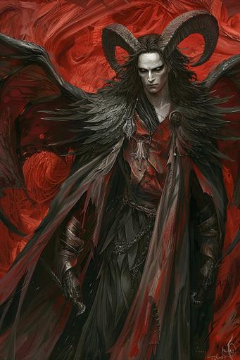 Nine foot tall Arch Devil, handsome, fiendish claws, bright red skin, large bat like wings, curling ram horns, dead-white eyes, long black hair, wearing a flowing cape as dark as a void, full body portrait, fantasy themed --ar 2:3