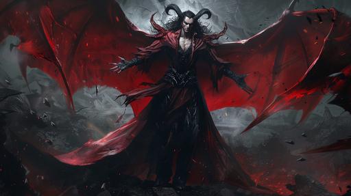 Nine foot tall Arch Devil, handsome, fiendish claws, bright red skin, large bat like wings, curling ram horns, dead-white eyes, long black hair, wearing a flowing cape as dark as a void, full body portrait, fantasy themed --ar 16:9