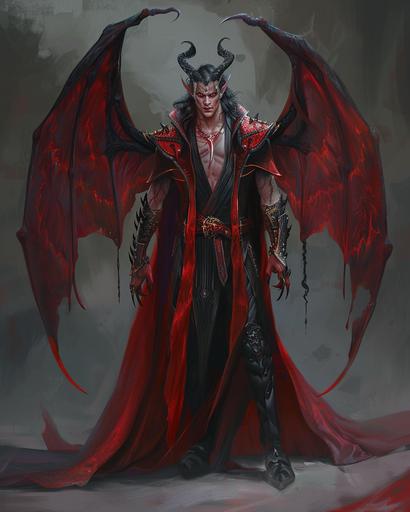 Nine foot tall Arch Devil, handsome, fiendish claws, bright red skin, large bat like wings, curling ram horns, dead-white eyes, long black hair, wearing a flowing cape as dark as a void, full body portrait, fantasy themed --ar 4:5