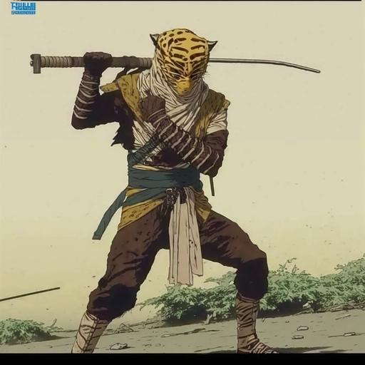 Ninja, Shinobi, hunting spear, manhunter, zumbi dos palmares, cheetah stripes, caatinga, sertão, Moebius Style Jean Giraud Style, character, full body