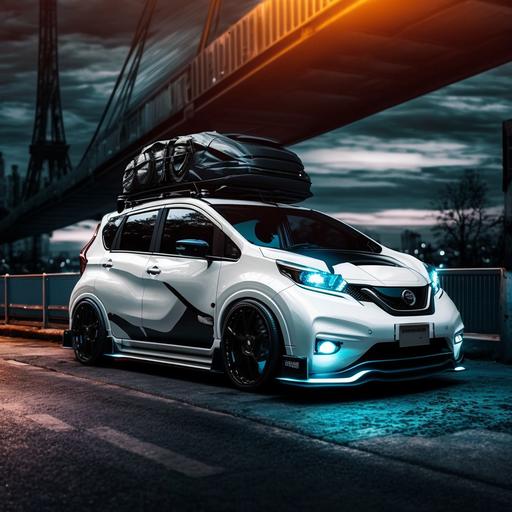Nissan Note E Power Sporty Wallpaper Pearl White Car with Blue Linings on Bumpers and Black Rooftop