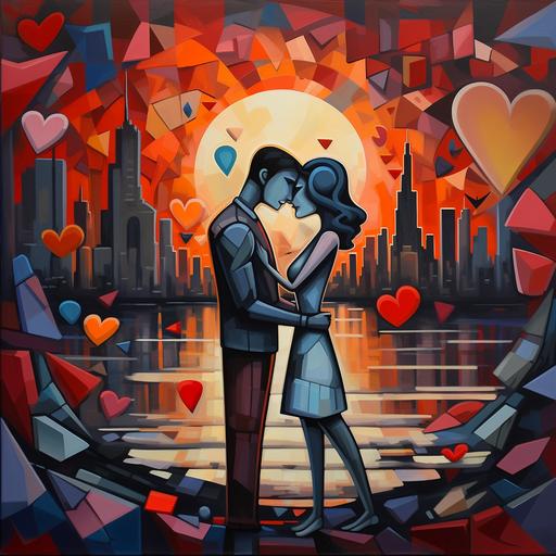 No more love in nyc, fake loke, nyc ::2 Broken Hearts, cubism, vector art, Pantone Matching System (PMS), Surrealism, Absurdism:: the illusion of emotions:: colors and shapes interaction, symbolism in art, emotional abstraction::