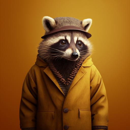 scary raccoon in brown coat with brown panamas on head, yellow background, hyper realistic