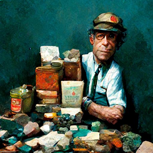 a lapidary in his dirty work shop, teal green rock saws, red milk crates full of semi precious stones, Rocks everywhere all over the work shop hoarder of nice rocks by Norman Rockwell