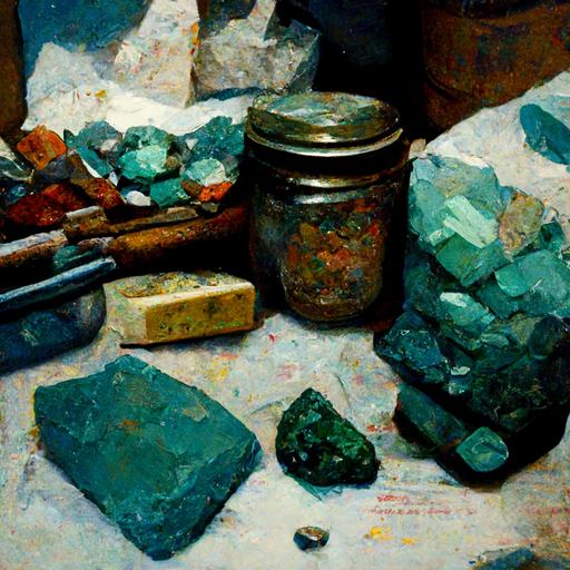 a lapidary in his dirty work shop, teal green rock saws, red milk crates full of semi precious stones, Rocks everywhere all over the work shop hoarder of nice rocks by Norman Rockwell