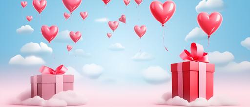 Gift box with heart balloon floating it the sky, Happy Valentine's Day banners, paper art style --ar 21:9